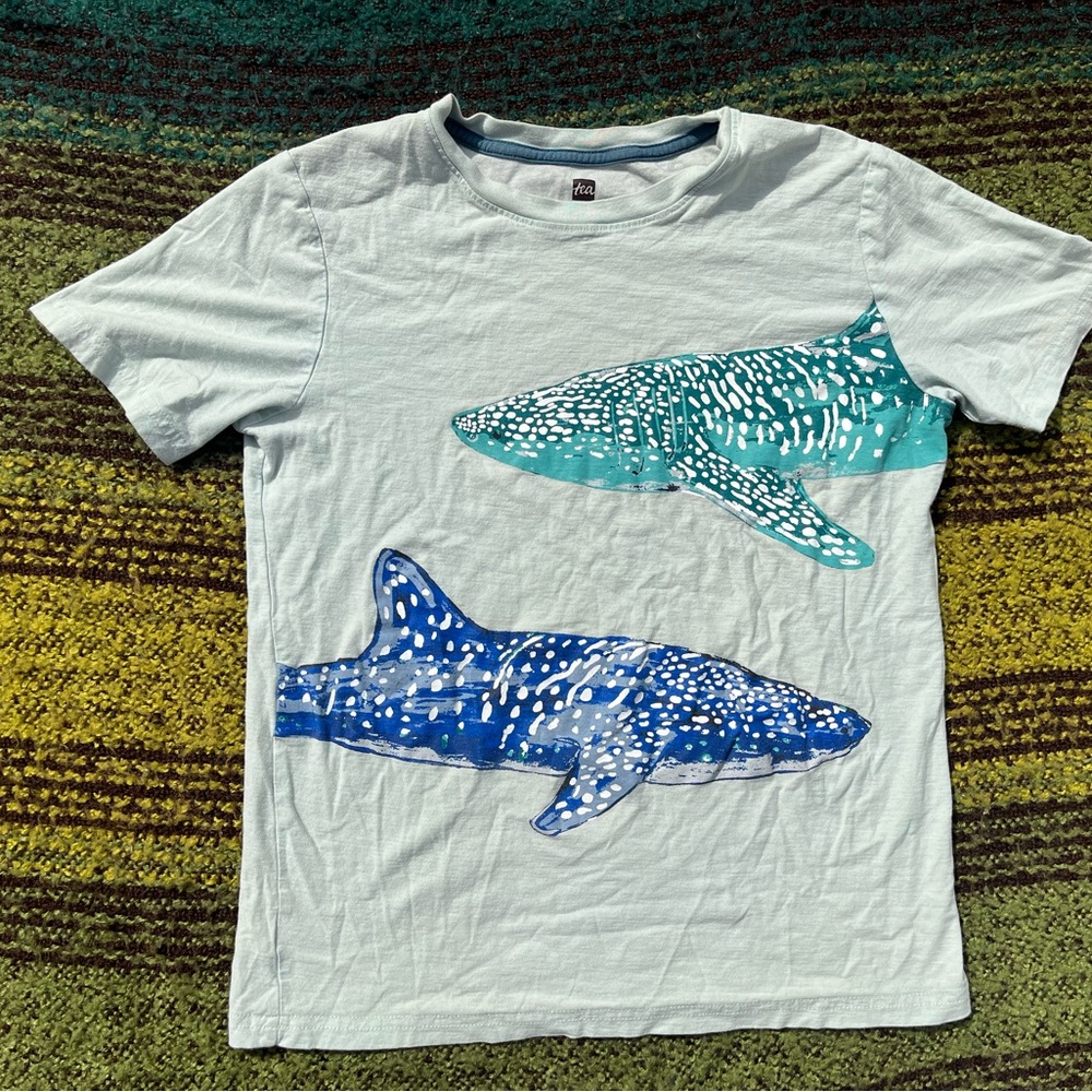 Tea Collection Light Blue Tee with Teal and Blue Whale Sharks